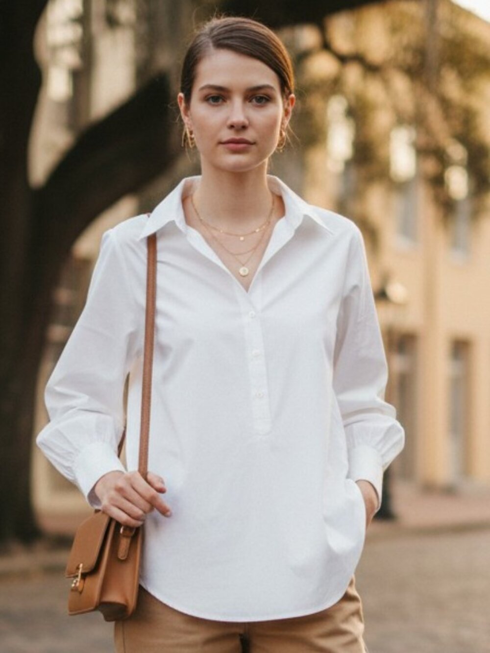 Tuckernuck White Cotton Popover Blouse L NWT Spread Collar Half Placket Button